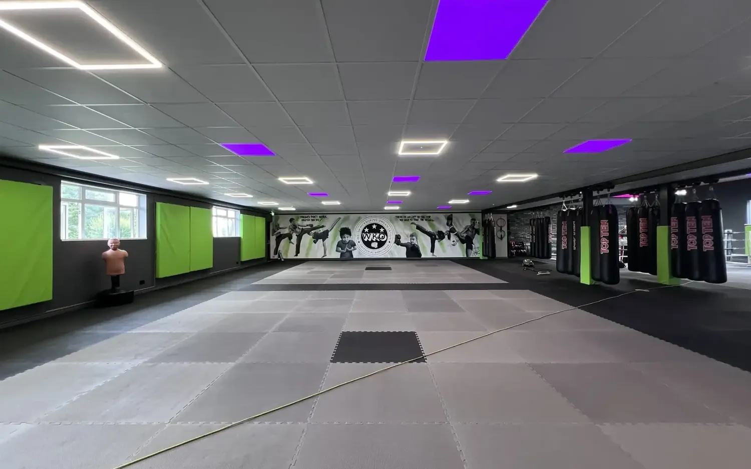 The WKO Llanelli training floor, mats and bag wall