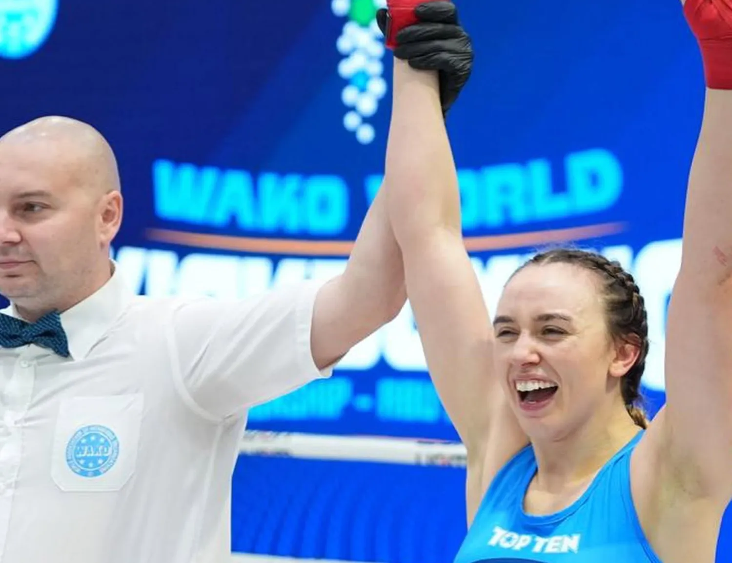A WKO Llanelli fighter having her hand raised at the WAKO World Championships